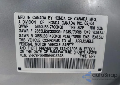 2005 Honda Pilot Ex z USA, uszkodzony, nr VIN 2HKYF18465H503248